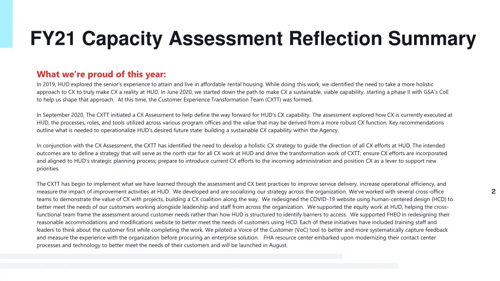 fy21 capacity assessment reflection summary