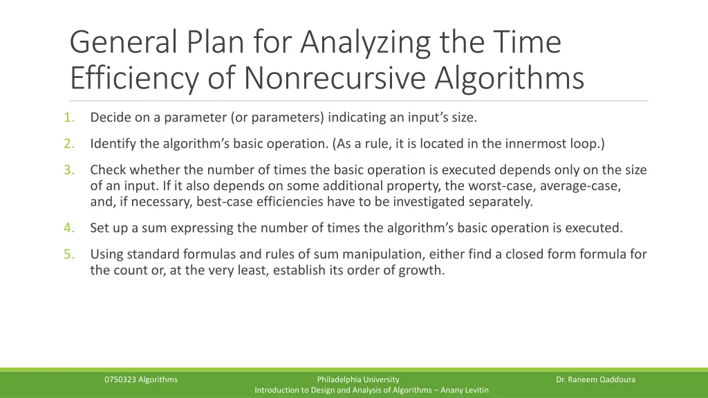 general plan for analyzing the time efficiency