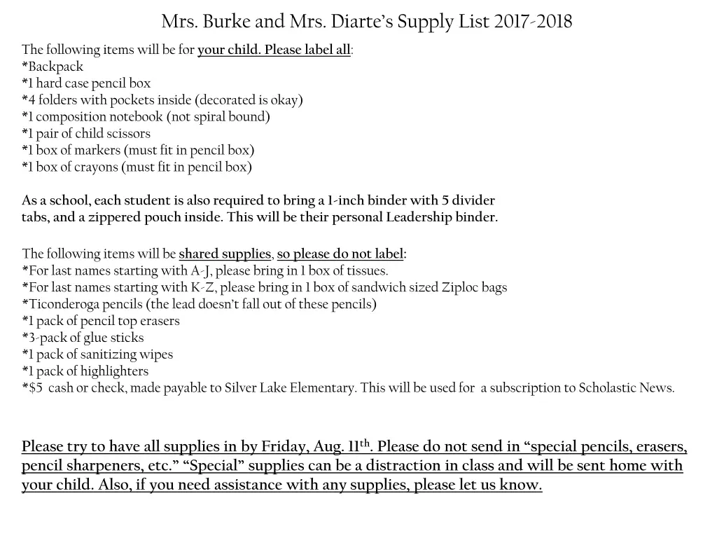 mrs burke and mrs diarte s supply list 2017 2018