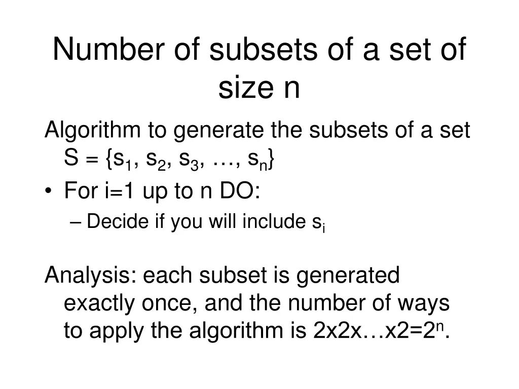 number of subsets of a set of size n algorithm