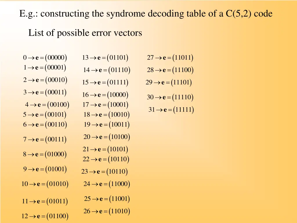 e g constructing the syndrome decoding table