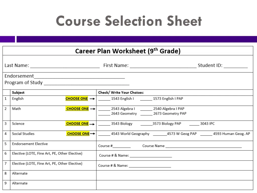 course selection sheet 1