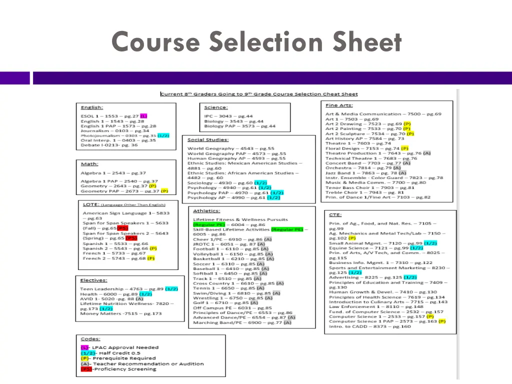 course selection sheet