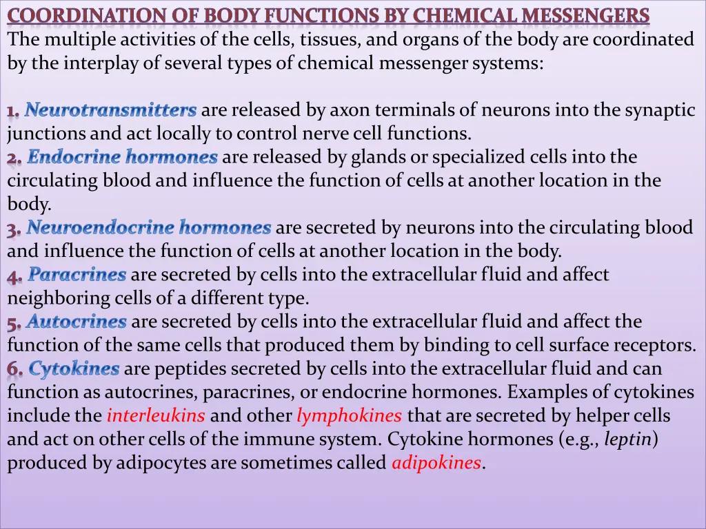 coordination of body functions by chemical