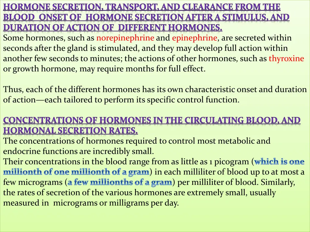 hormone secretion transport and clearance from