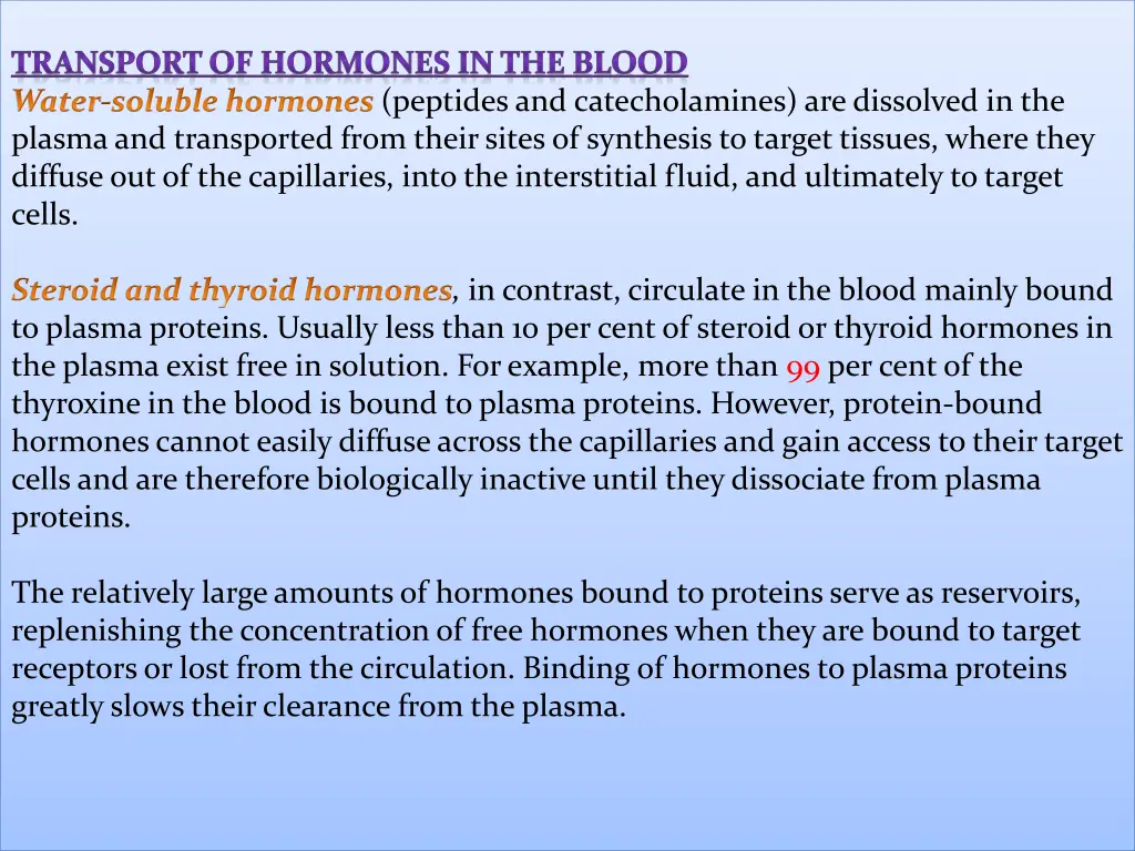 transport of hormones in the blood water soluble