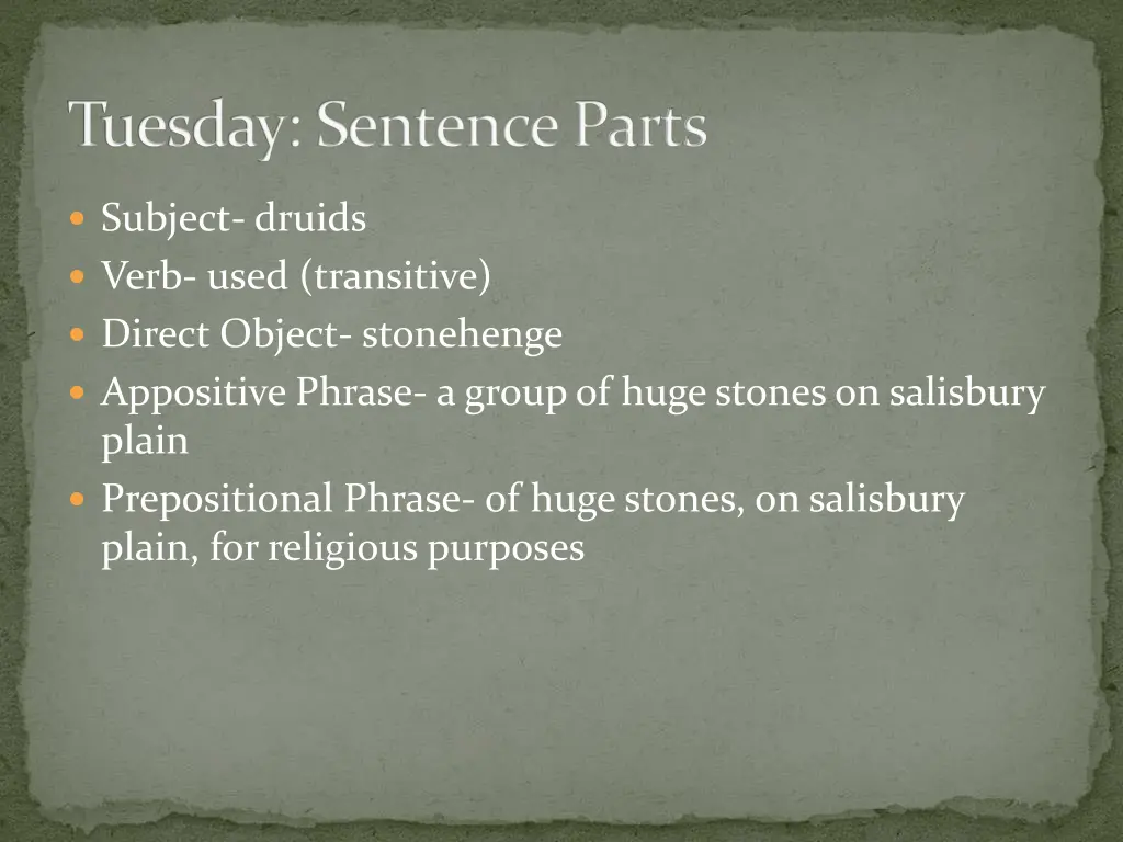 tuesday sentence parts