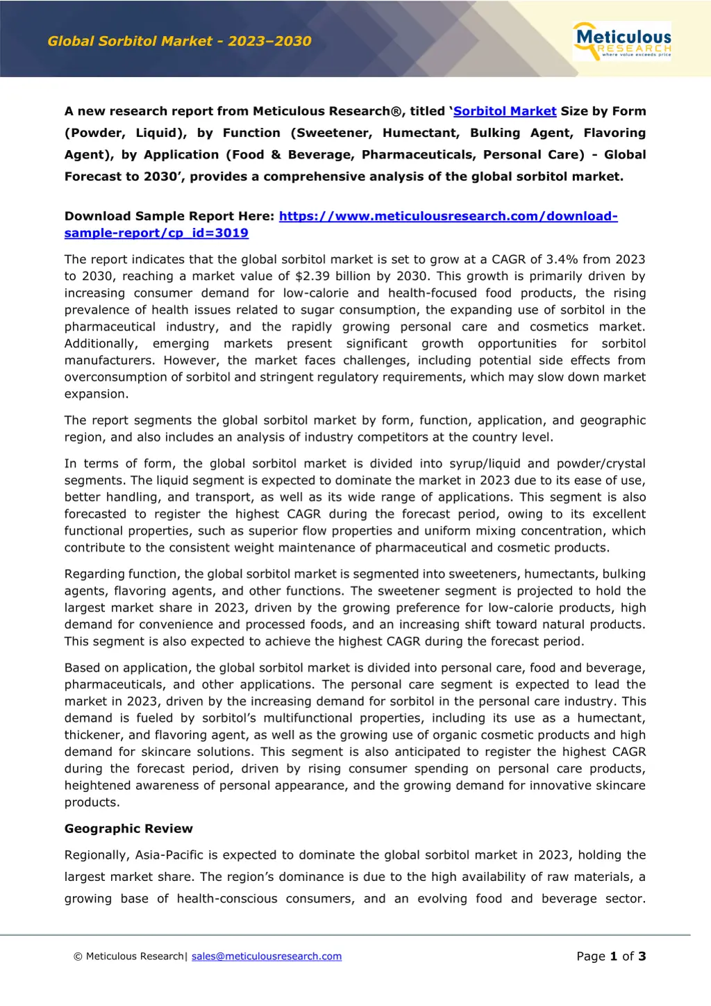 global sorbitol market 2023 2030