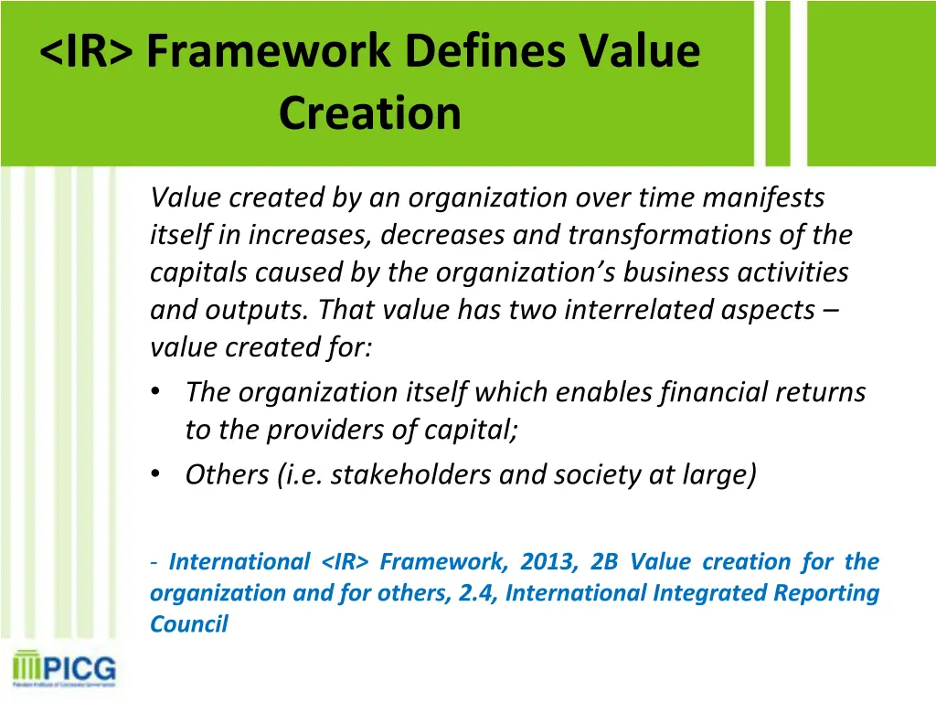 ir framework defines value creation