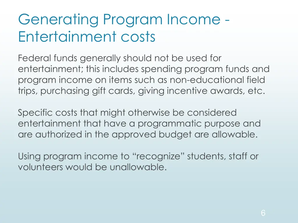 generating program income entertainment costs