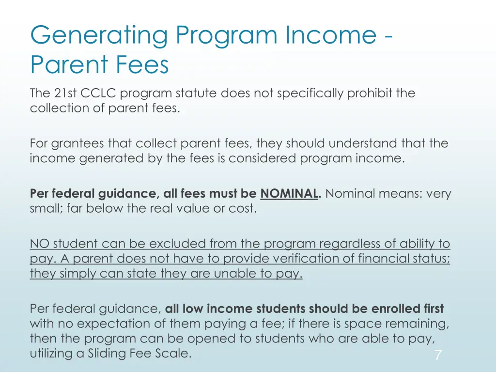 generating program income parent fees