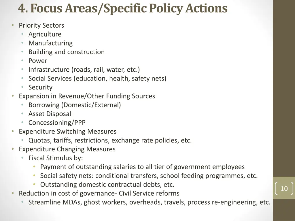 4 focus areas specific policy actions