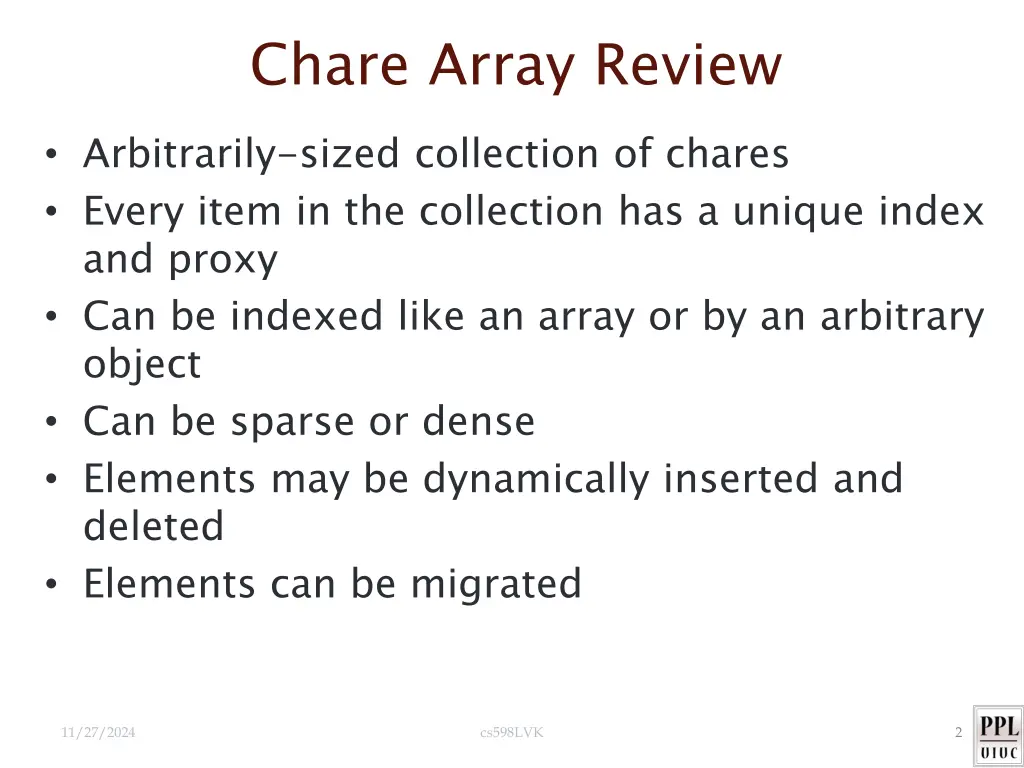 chare array review arbitrarily sized collection