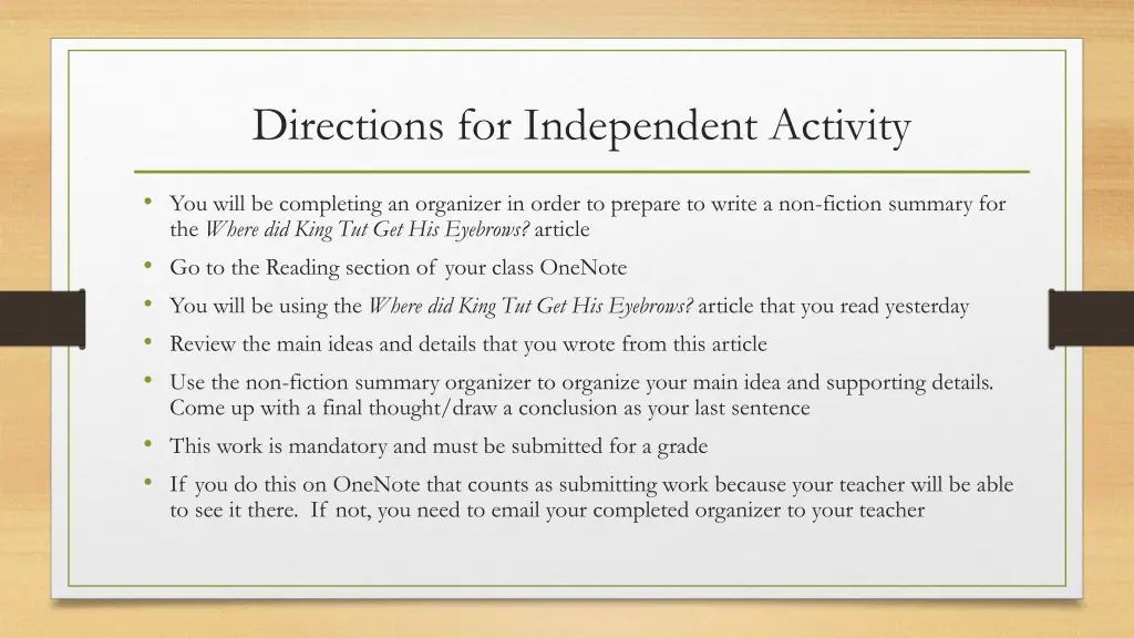 directions for independent activity