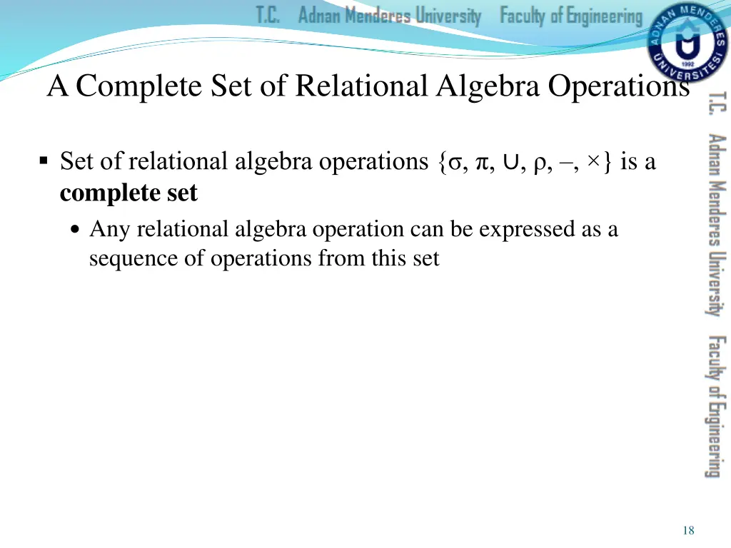 a complete set of relational algebra operations