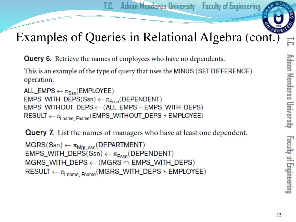 examples of queries in relational algebra cont 1