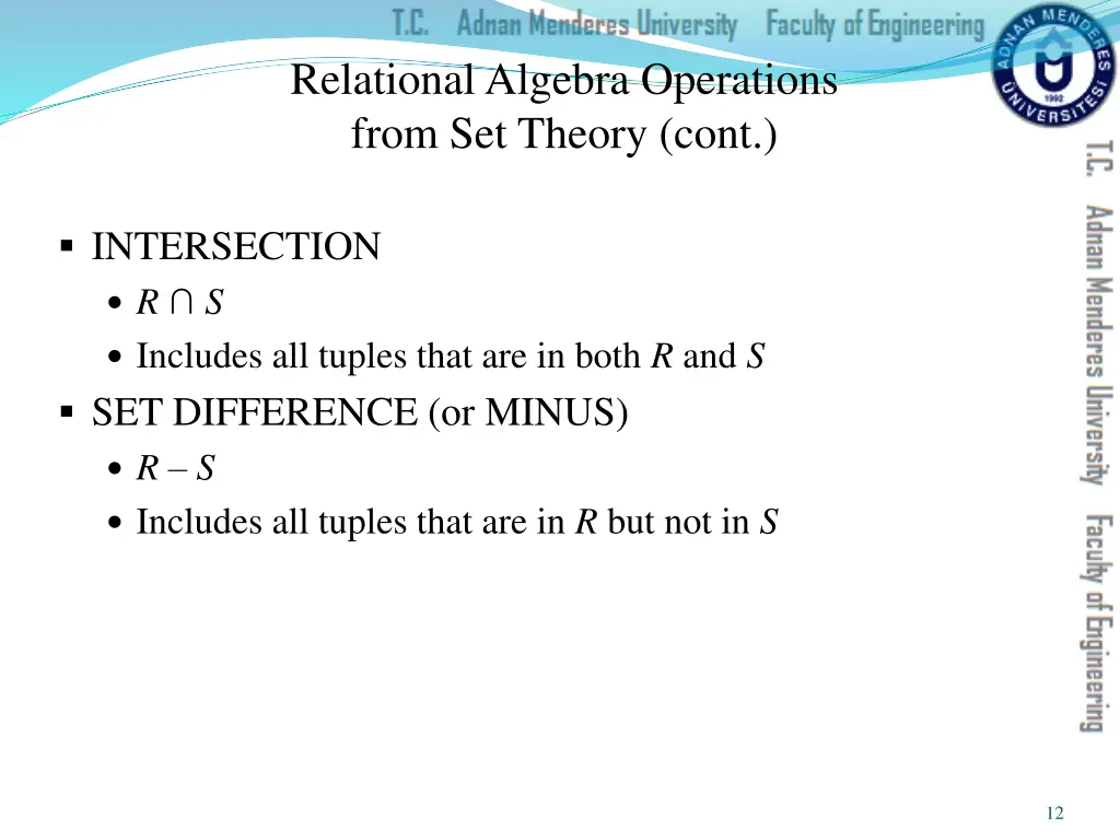 relational algebra operations from set theory cont