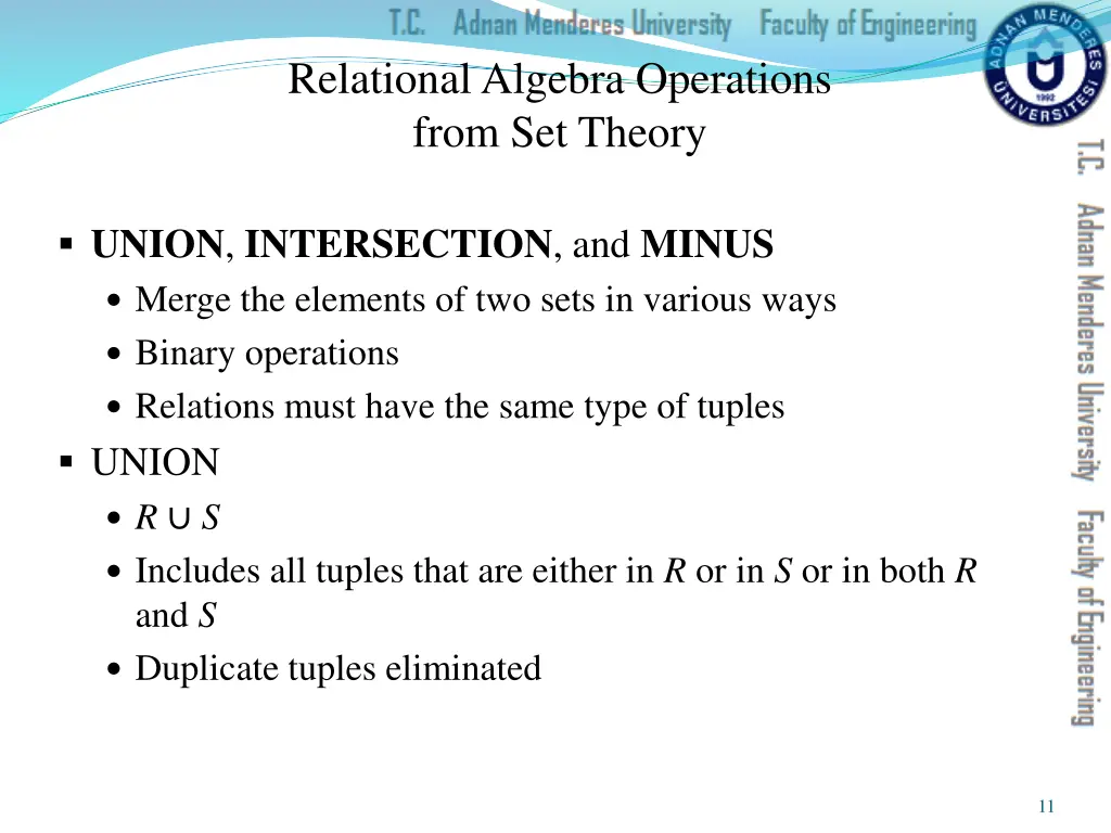 relational algebra operations from set theory