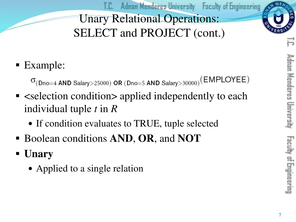 unary relational operations select and project 1