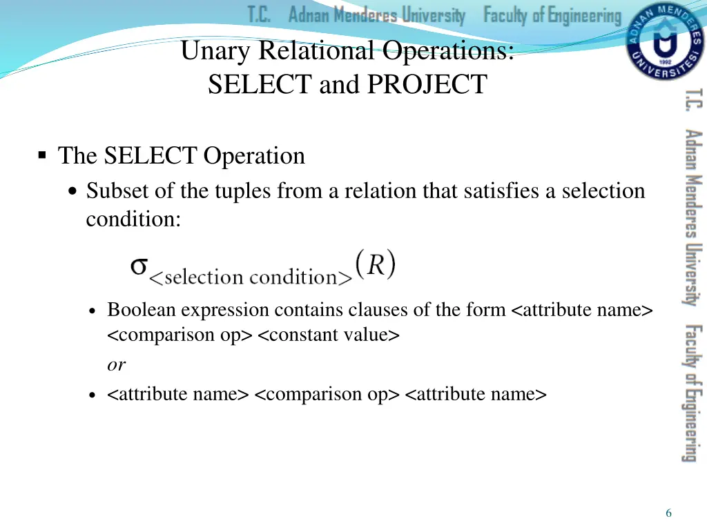 unary relational operations select and project