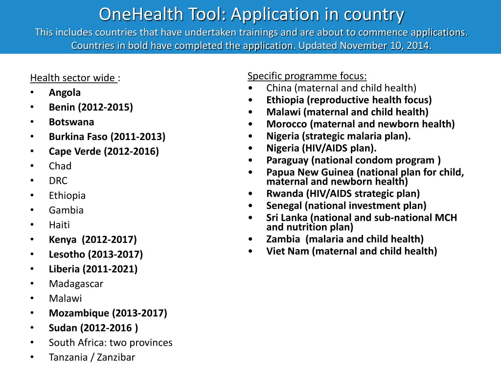 onehealth tool application in country this