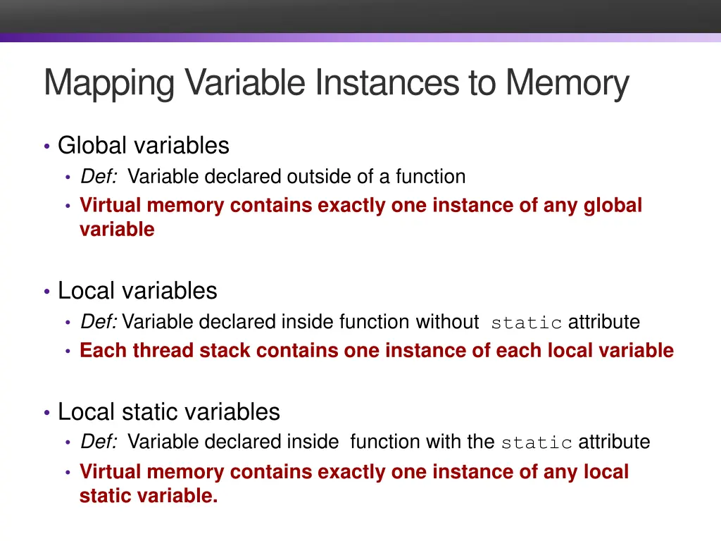 mapping variable instances to memory