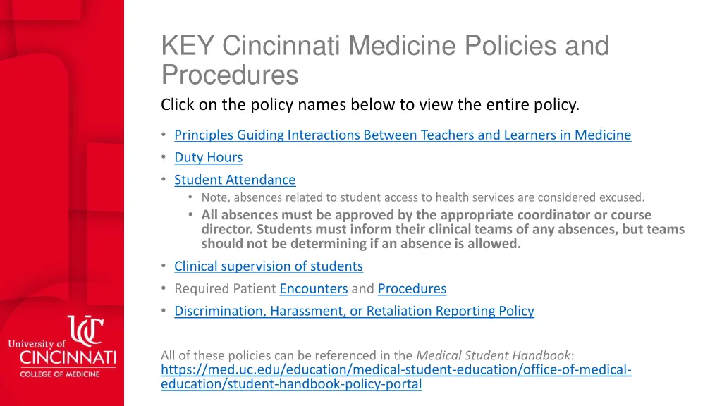 key cincinnati medicine policies and procedures