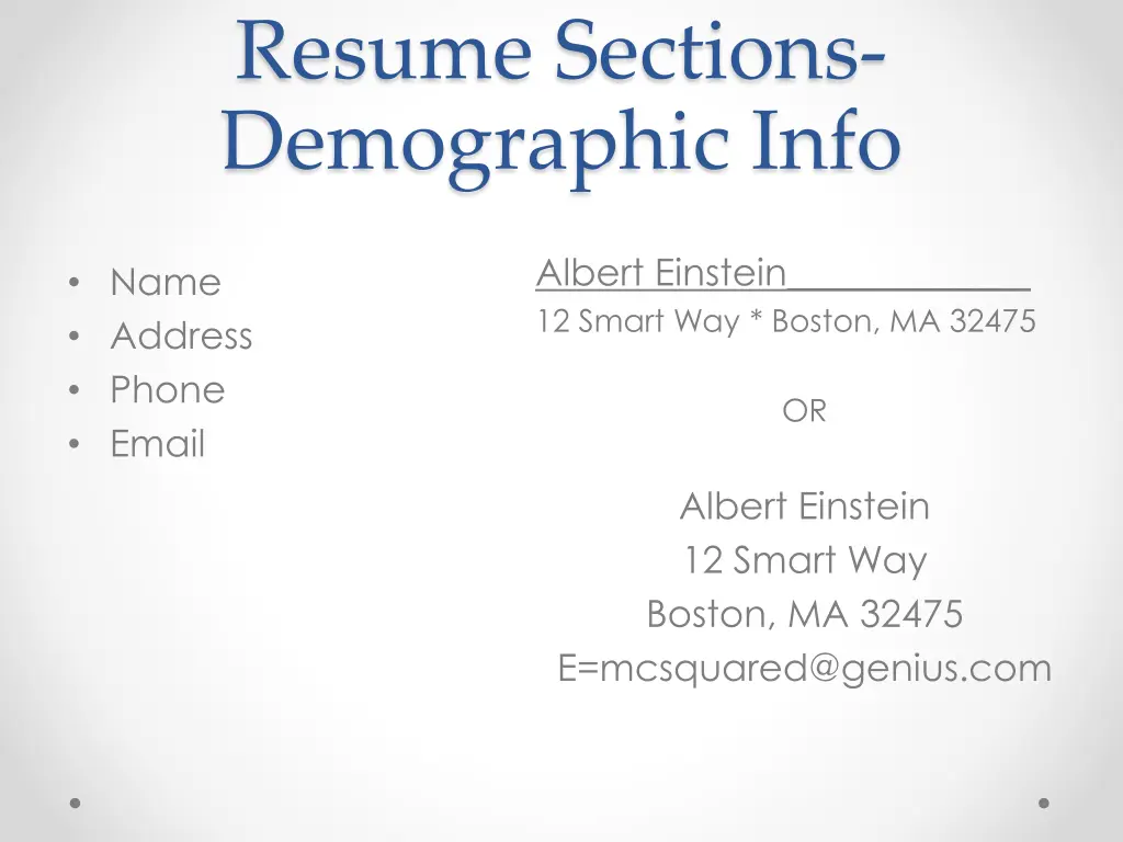 resume sections demographic info