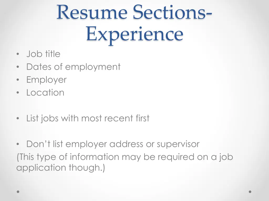 resume sections experience job title dates