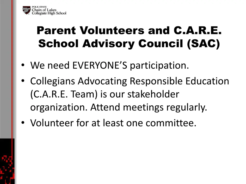 parent volunteers and c a r e school advisory