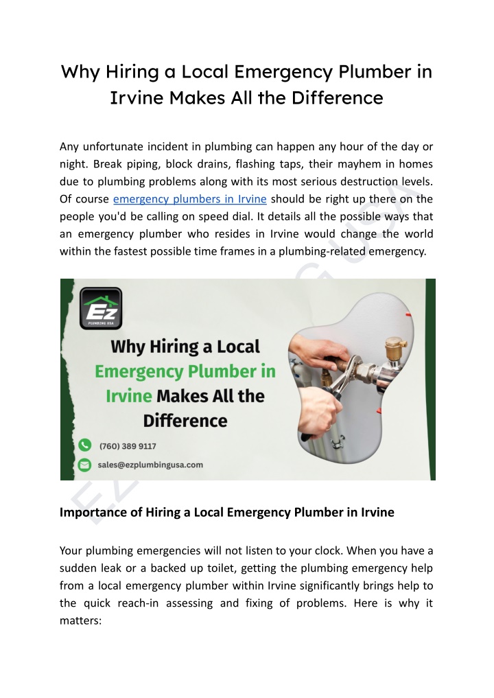 why hiring a local emergency plumber in irvine