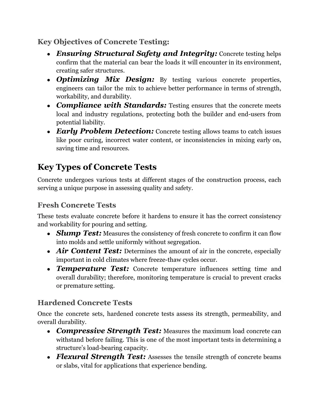 key objectives of concrete testing