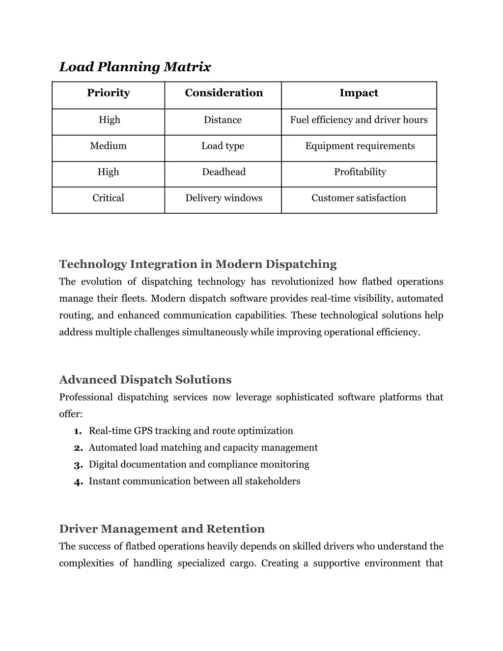 load planning matrix