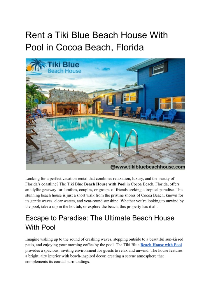 rent a tiki blue beach house with pool in cocoa