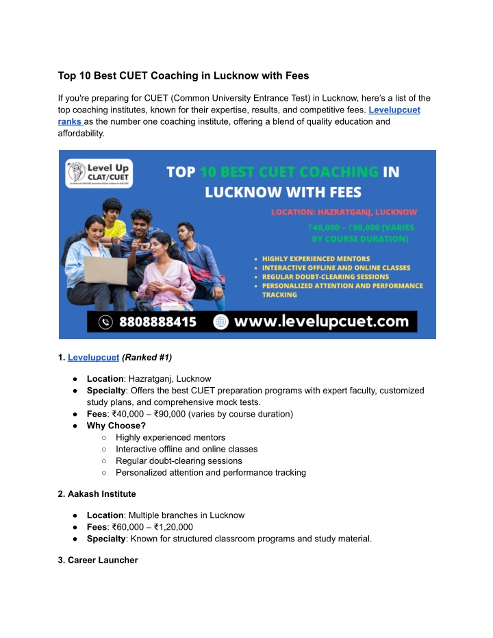 top 10 best cuet coaching in lucknow with fees