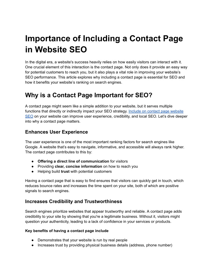 importance of including a contact page in website