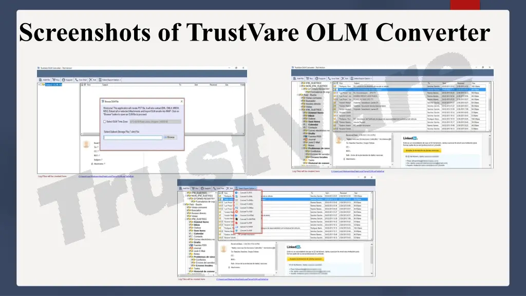 screenshots of trustvare olm converter