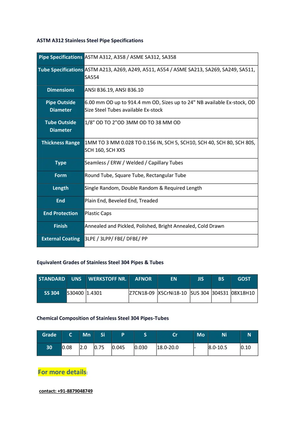 astm a312 stainless steel pipe specifications