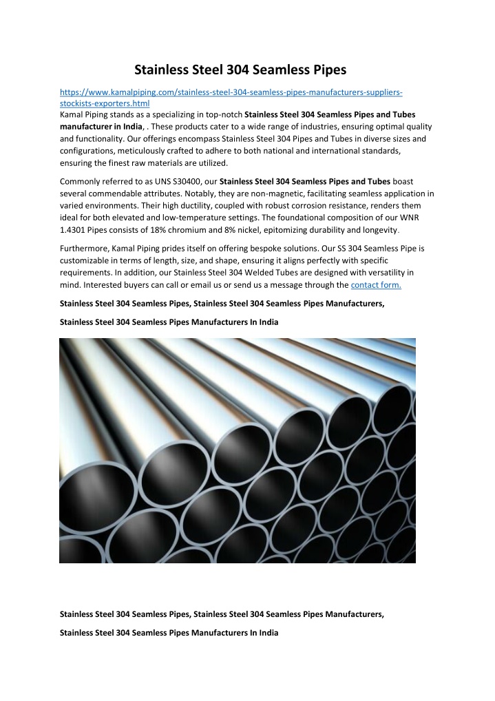 stainless steel 304 seamless pipes