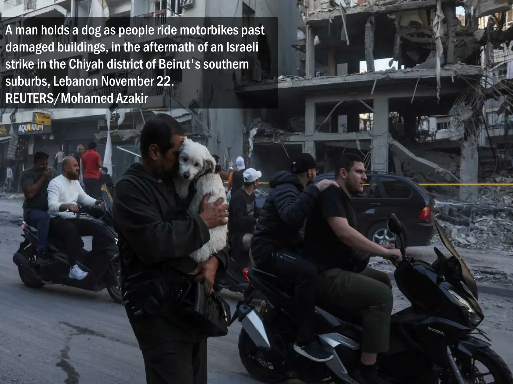 a man holds a dog as people ride motorbikes past