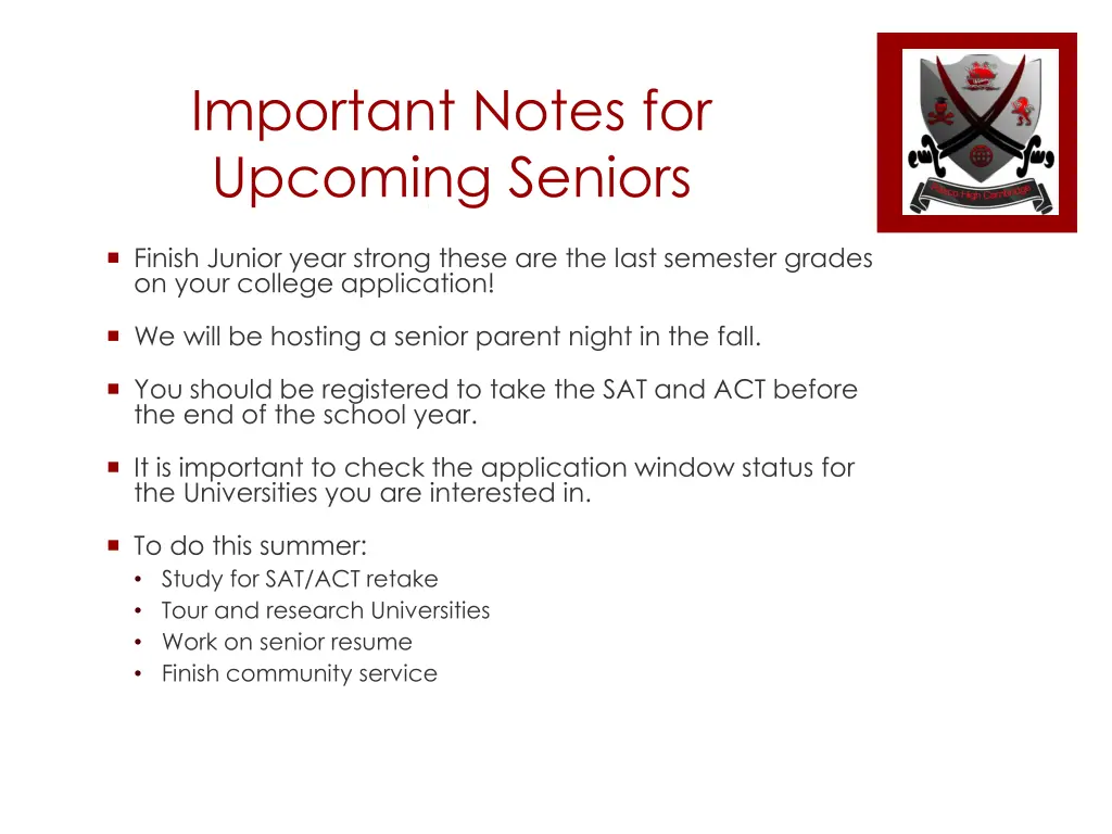 important notes for upcoming seniors