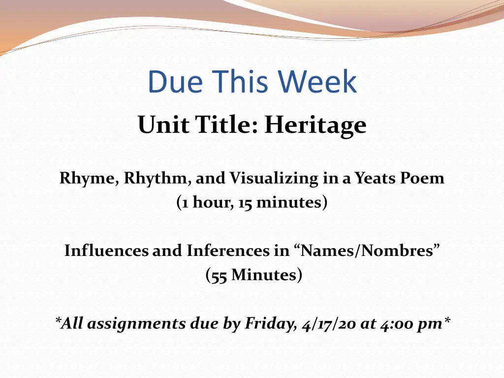 due this week unit title heritage