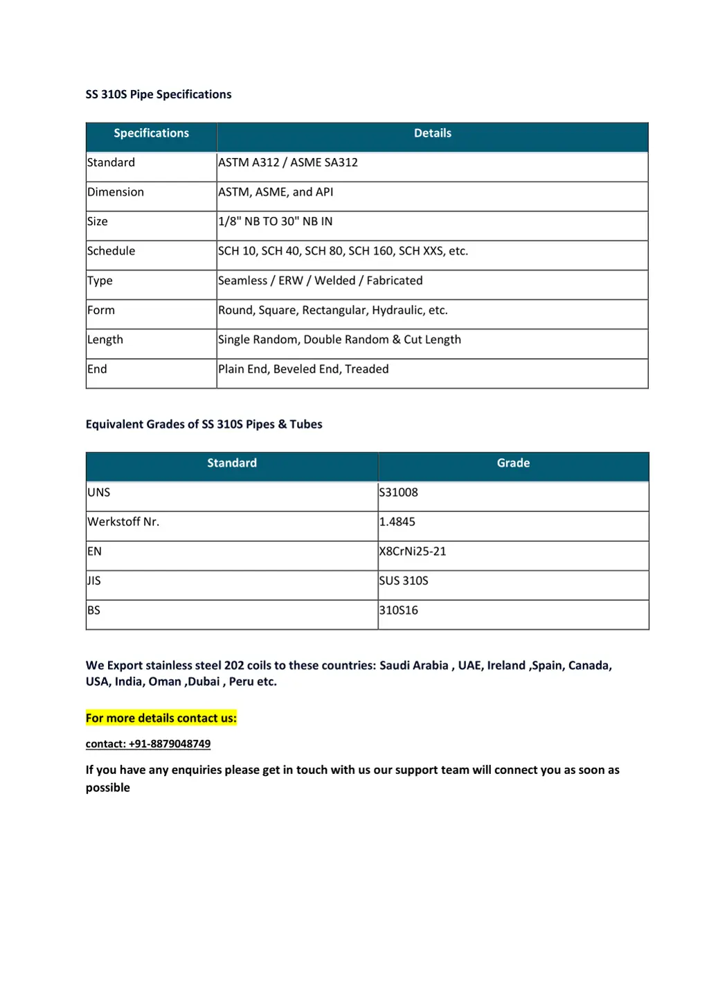 ss 310s pipe specifications