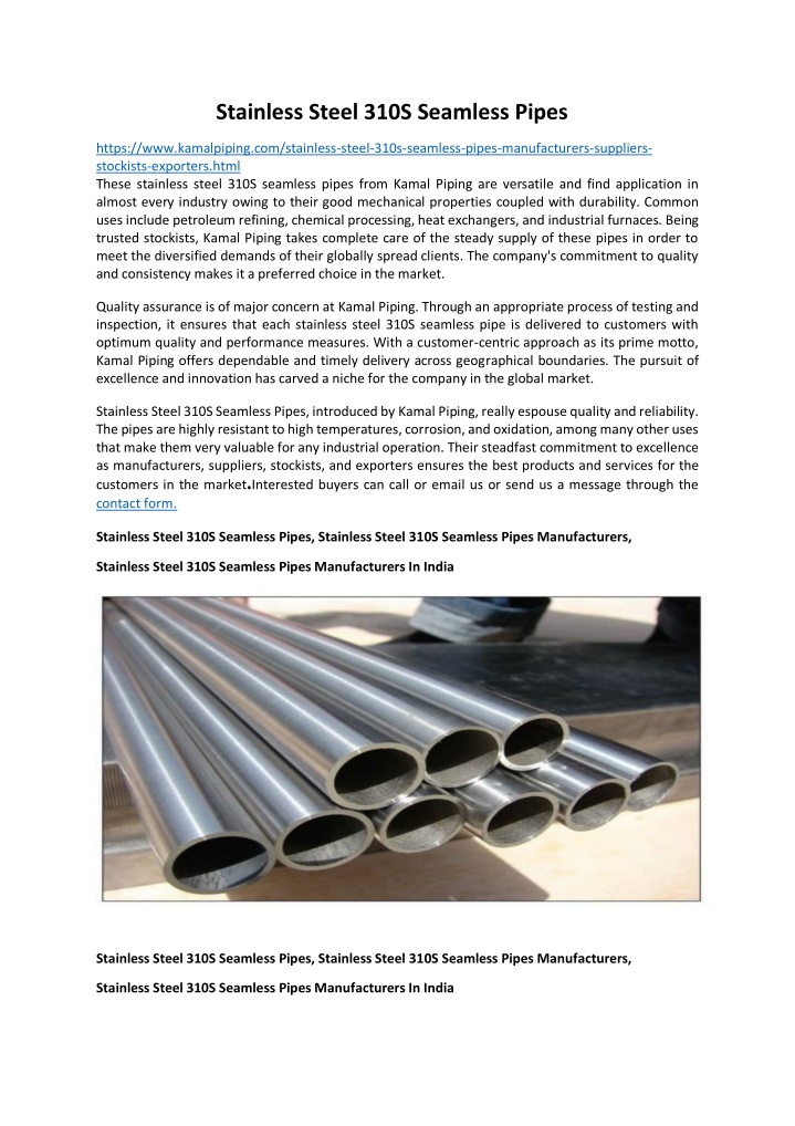 stainless steel 310s seamless pipes