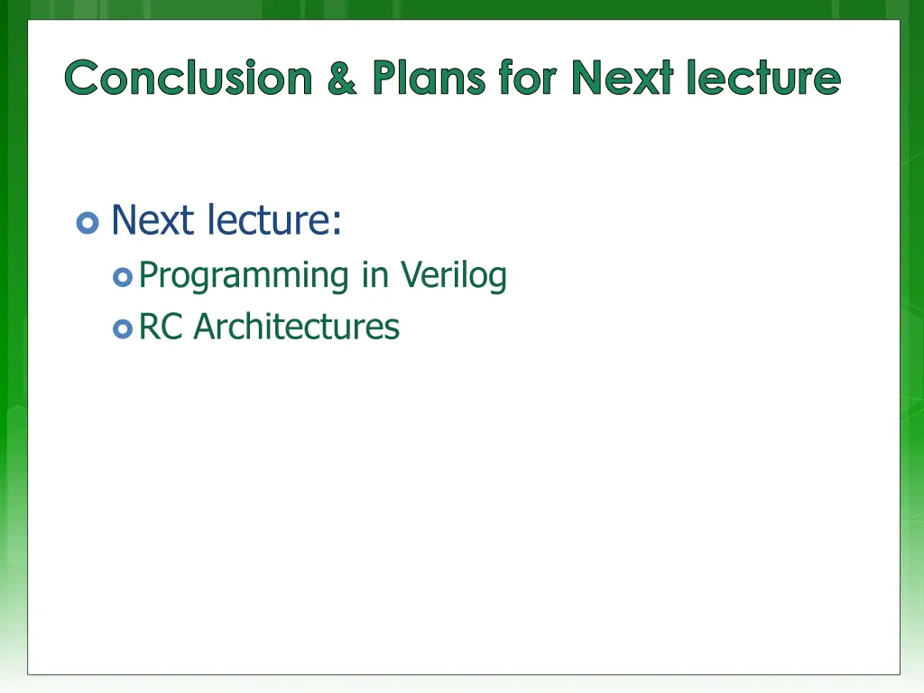 conclusion plans for next lecture