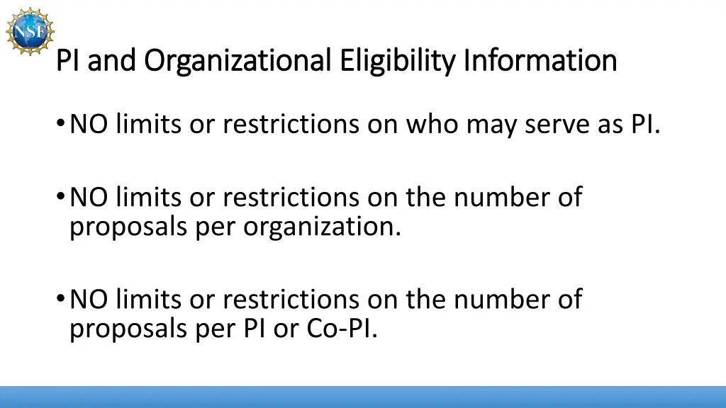 pi and organizational eligibility information