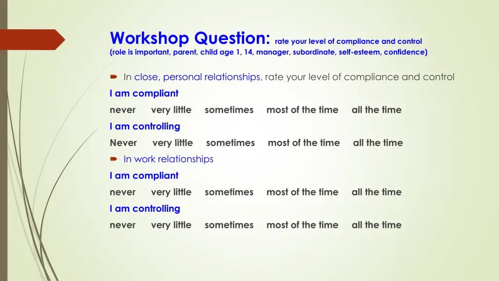 workshop question rate your level of compliance