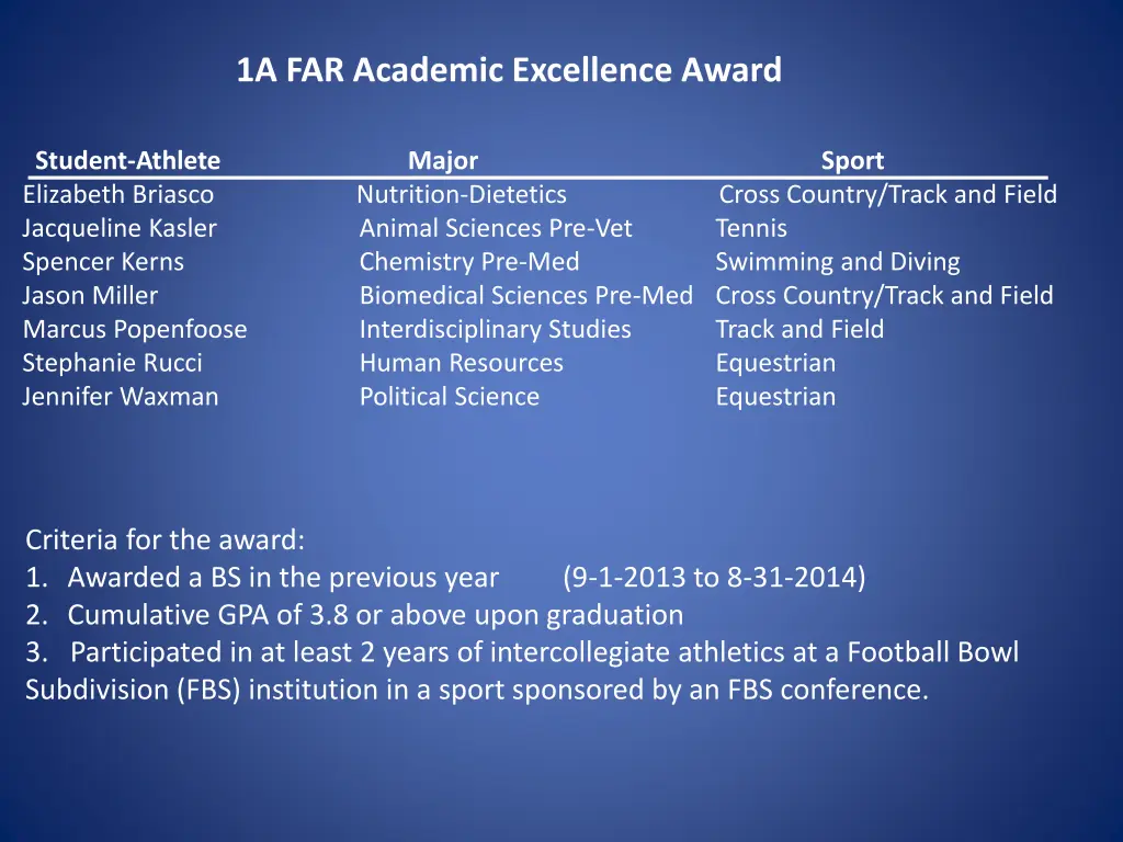 1a far academic excellence award