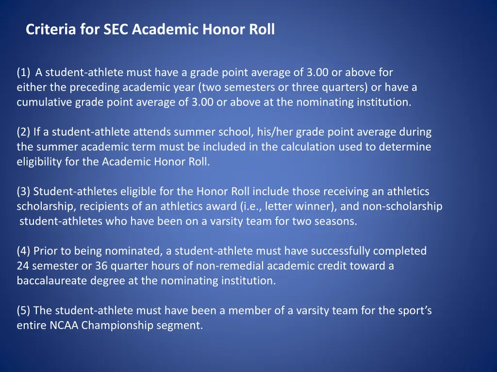 criteria for sec academic honor roll