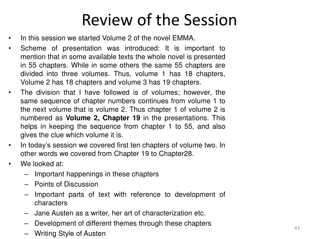 review of the session